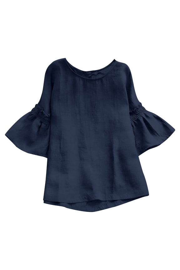 Women's Linen Cotton Shirt, Plus Size Loose Fit Button Down Blouse, 3/4 Bell Sleeve Casual Top, Solid Color Boho Shirt for Summer Beach Vacation and Relaxed Everyday Wear Navy XL