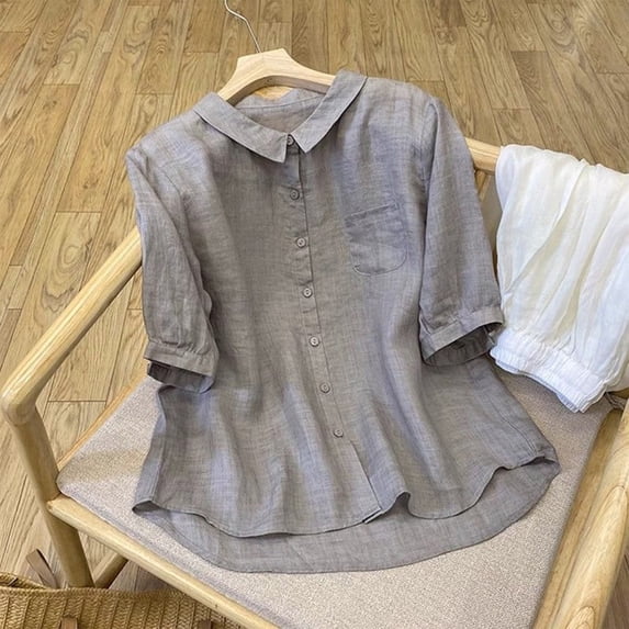 Women's Linen Cotton Shirt, Short Sleeve Button Down Collared Blouse, Loose Fit Oversized Top, Casual Summer Shirt, Boho Chic Tunic, Retro Vintage Inspired Blouse-Gray