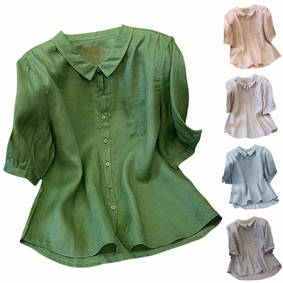Women's Linen Cotton Shirt, Short Sleeve Button Down Collared Blouse, Loose Fit Oversized Top, Casual Summer Shirt, Boho Chic Tunic, Retro Vintage Inspired Blouse-Blue