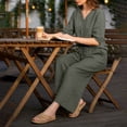 thumbnail image 1 of Women's Linen Cotton Two Piece Set, V Neck Half Sleeve Button Down Top & Drawstring Wide Leg Pants, Breathable Casual Outfit Set for Work Office and Daily Wear Blackish Green L, 1 of 4