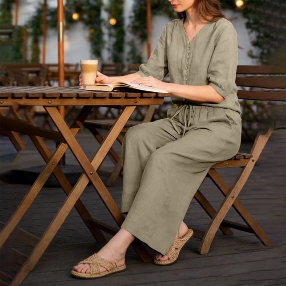 Women's Linen Cotton Two Piece Set, V Neck Half Sleeve Button Down Top & Drawstring Wide Leg Pants, Breathable Casual Outfit Set for Work Office and Daily Wear Green XXL