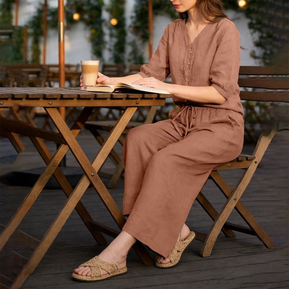 Women's Linen Cotton Two Piece Set, V Neck Half Sleeve Button Down Top & Drawstring Wide Leg Pants, Breathable Casual Outfit Set for Work Office and Daily Wear Red XXXL