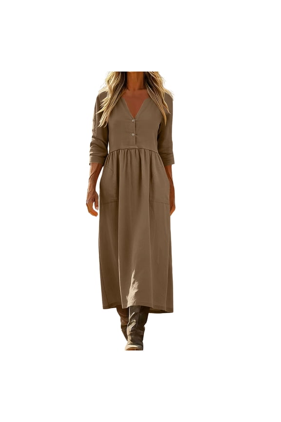 Women's Linen Cotton V-Neck Dress Button Front 3/4 Sleeve Loose Casual Dresses Flowy Beach Sundress with Pockets,M,Brown