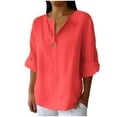 thumbnail image 1 of Women's Linen Cotton V-Neck T-Shirt - Dressy Casual Fold Cuff Top, Loose Fit 3/4 Sleeve Button Detail Shirt, Solid Color Breathable Blouse for Spring/Summer 2025, 1 of 6