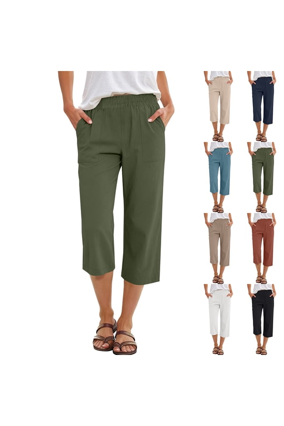 Women's Linen Crop Pants Capris with Pockets, Coffee S