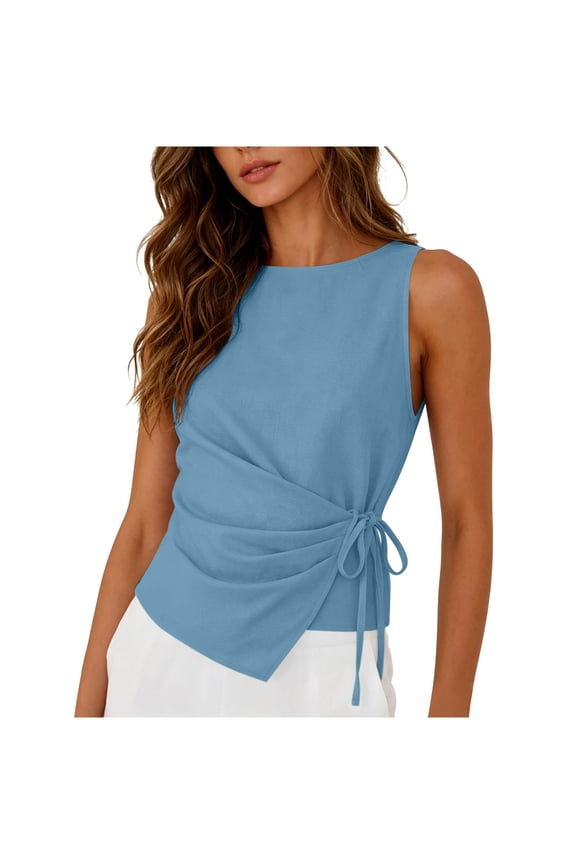 Women's Linen Crop Tank Tops 2026 Tie Wrap Sleeveless Ruched Boatneck Shirts Casual Blouses Summer Going Out Tops