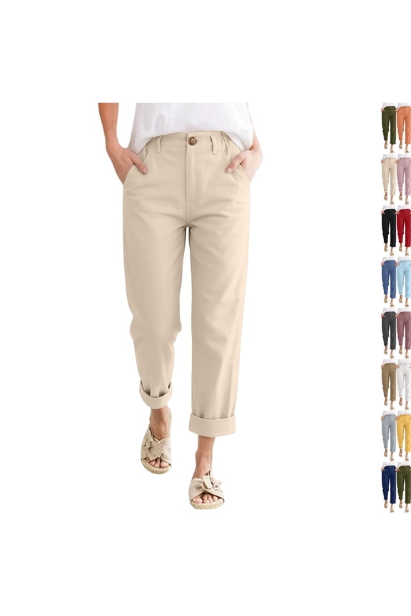 Women's Linen Cropped Pants High Waist Single Button Fly Side Pants Ankle Straight Leg Casual Trousers Beige XL