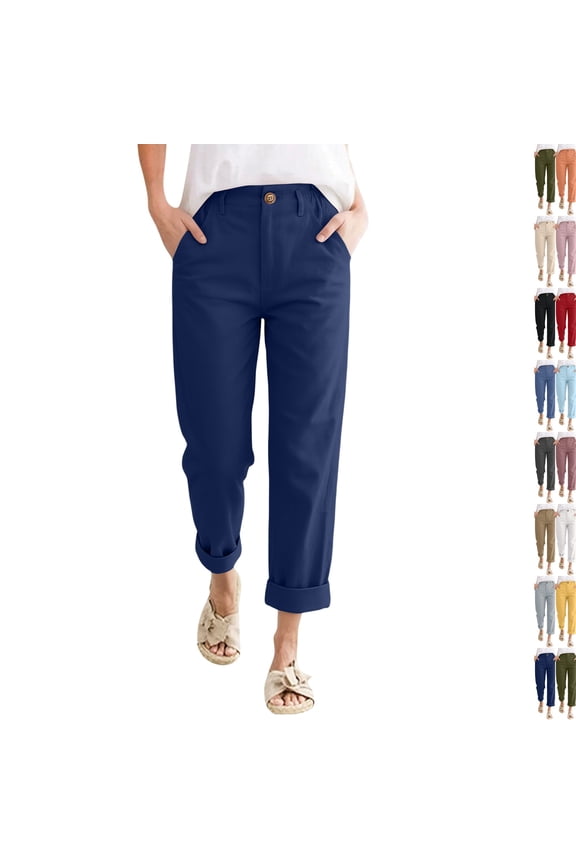 Women's Linen Cropped Pants High Waist Single Button Fly Side Pants Ankle Straight Leg Casual Trousers Navy XL