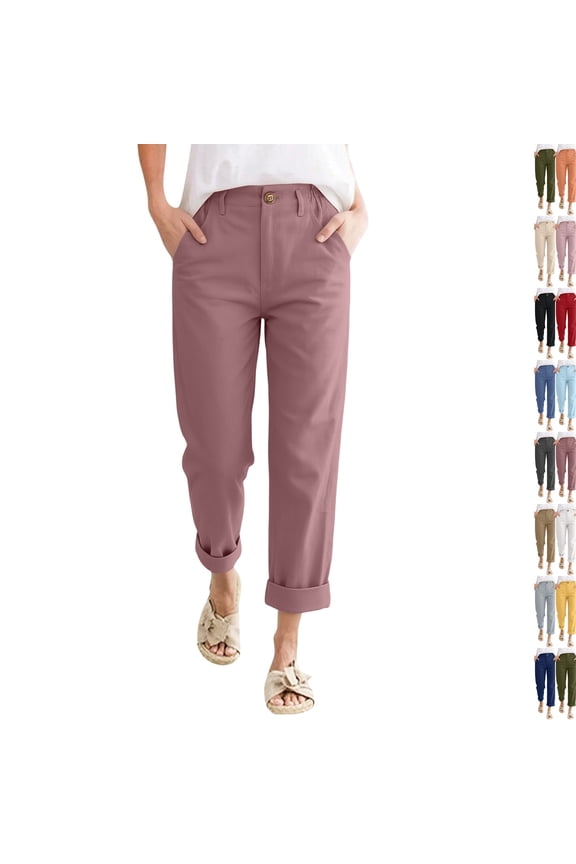 Women's Linen Cropped Pants High Waist Single Button Fly Side Pants Ankle Straight Leg Casual Trousers Wine S