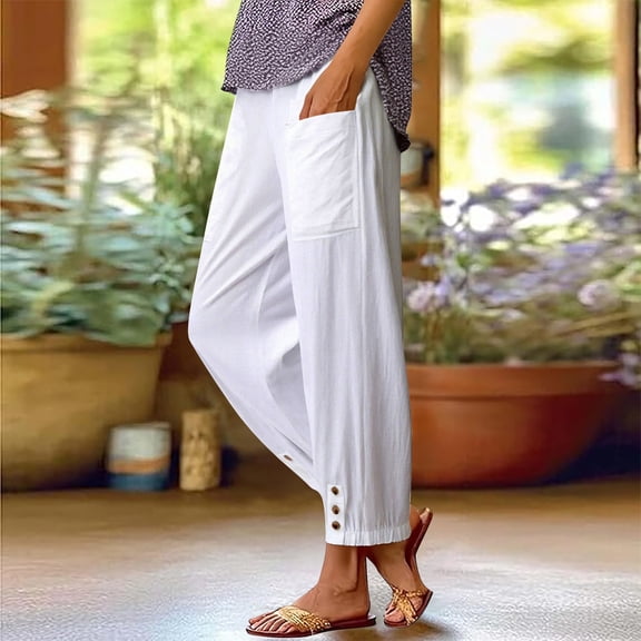 Women's Linen Cropped Pants, Slim Fit Tapered Ankle Pants with Pocket, High Waist Casual Trousers for Summer, Everyday Wear and Relaxed Outfits White S