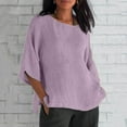 thumbnail image 1 of Women's Linen Cropped Sleeve Blouse, Loose Fit Round Neck Top for Summer, 1 of 6