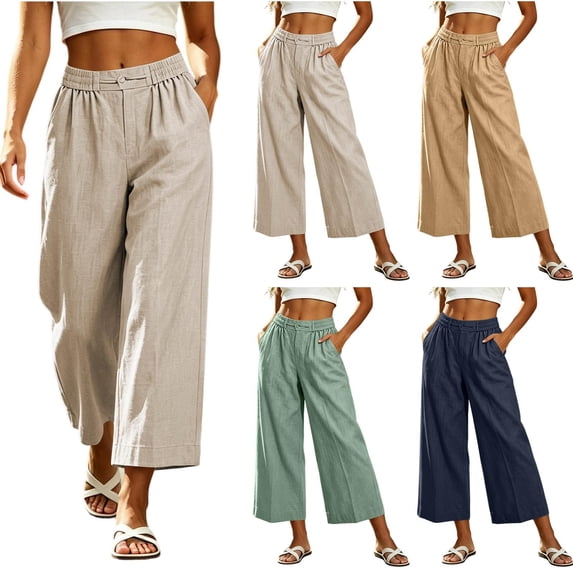 Women's Linen Cropped Wide Leg Pants, Button Elastic Waist, Side Pockets, Breathable Loose Capri Trousers For Summer Daily Wear Coffee,L