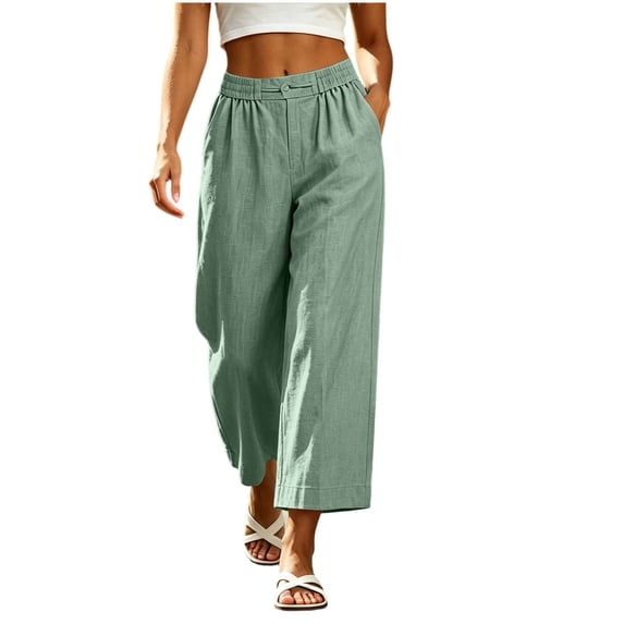 Women's Linen Cropped Wide Leg Pants, Button Elastic Waist, Side Pockets, Breathable Loose Capri Trousers For Summer Daily Wear Green,XXXL