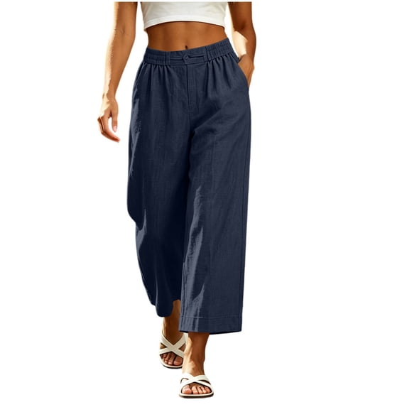Women's Linen Cropped Wide Leg Pants, Button Elastic Waist, Side Pockets, Breathable Loose Capri Trousers For Summer Daily Wear Navy,L