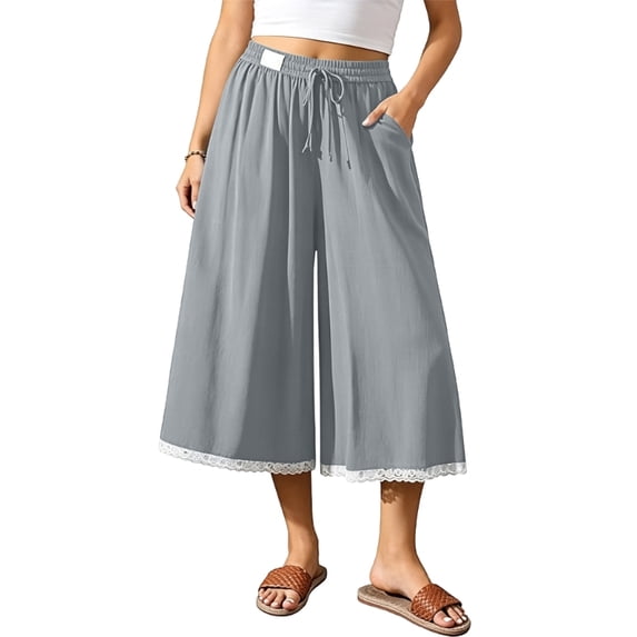 Women's Linen Culottes Wide Leg Flowy Pants Palazzo Casual Drawstring Loose Lace Capris with Pockets
