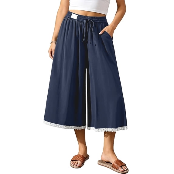 Women's Linen Culottes Wide Leg Flowy Pants Palazzo Casual Drawstring Loose Lace Capris with Pockets