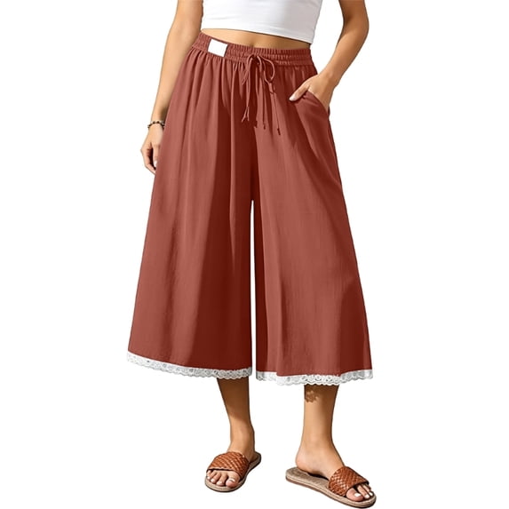 Women's Linen Culottes Wide Leg Flowy Pants Palazzo Casual Drawstring Loose Lace Capris with Pockets
