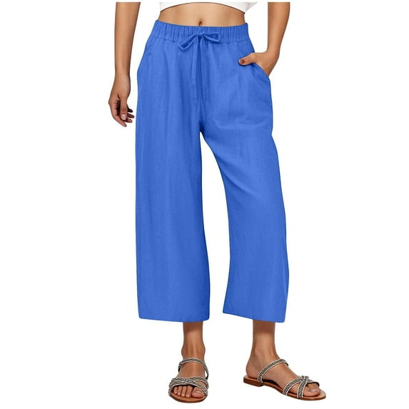 Women's Linen Drawstring Capris, Elastic Waist Loose Wide Leg Cropped Pants with Pockets for Summer Casual Beach Vacation Blue XL