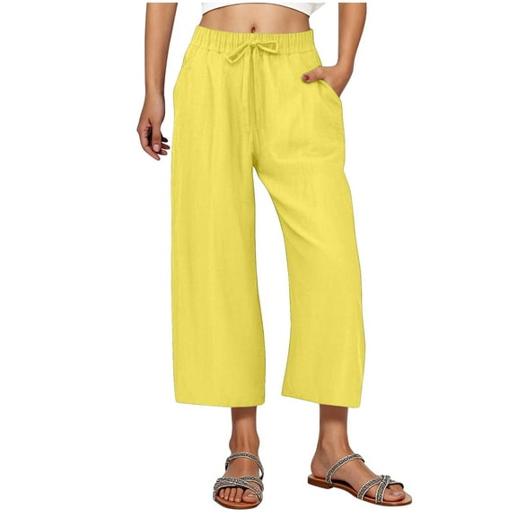 Women's Linen Drawstring Capris, Elastic Waist Loose Wide Leg Cropped Pants with Pockets for Summer Casual Beach Vacation Yellow S