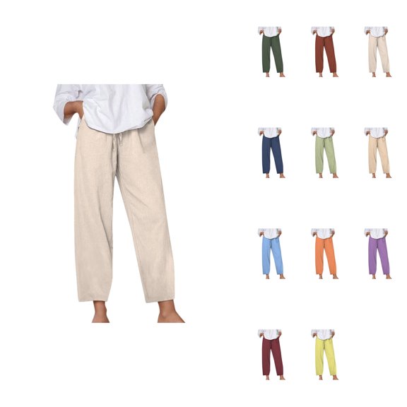 Women's Linen Drawstring Elastic Waist Trousers, Solid Color Loose Fit Casual Straight Leg Pants with Pockets