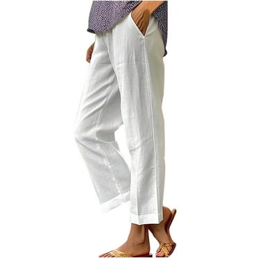 Women's Linen Drawstring Pants Elastic Waist Lightweight Trouser Yoga Summer Beach Pant Comfy Straight Leg Pants
