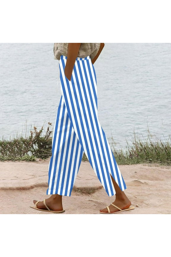 Women's Linen Drawstring Straight Leg Pants with Pockets and Side Slits Trousers Slacks Bottoms Solid Color Loose Fit Breathable Flowy Casual Daily Lounge Home Beach Vacation Travel Essentials for Wo