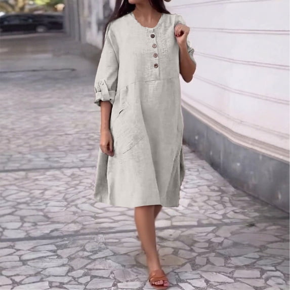 Women’s Linen Dress, Loose Fit Casual Long Sleeve Dress with Pockets, Button Front Comfortable Breathable