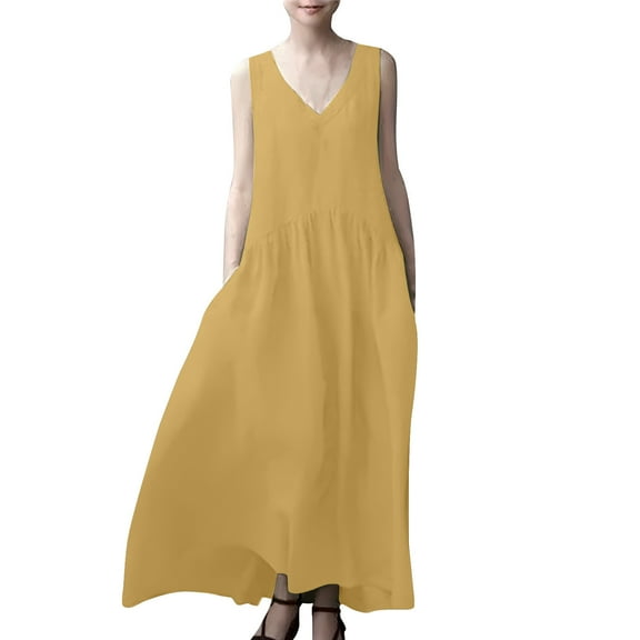 Women's Linen Dress Sleeveless Loose Summer Dresses Casual Maxi Dress with Pockets