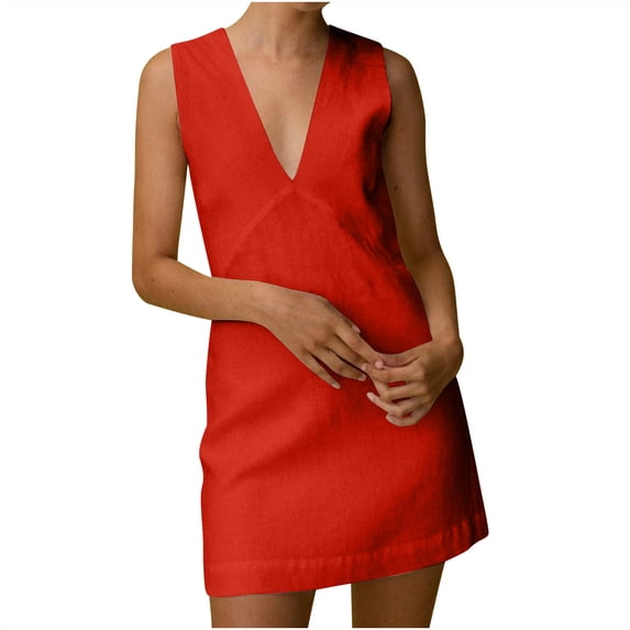 Women's Linen Dress, Sleeveless V Neck Midi Dress, Casual Summer Dress for Women