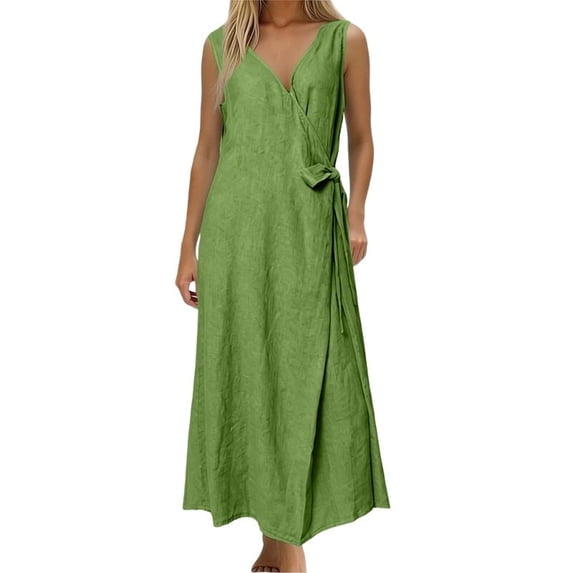 Women's Linen Dress with V-Neck, Sleeveless, and Pockets