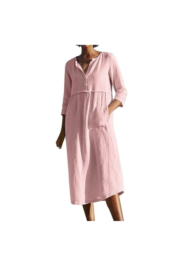 Women's Linen Dresses Button Down Half Sleeve Cotton Midi Dress Loose Baggy Kaftan Long Dress With Pockets
