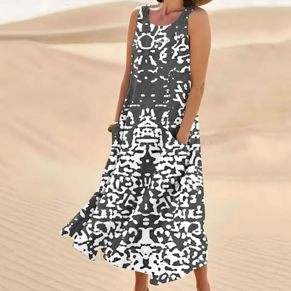 Women's Linen Dresses Casual Loose Crew Neck Summer Dress Sleeveless Tank Dress Print T Shirt Dress Sundress Boho Dress Flowy Baggy Summer Beach Dress Long Tunic Dress Gray S