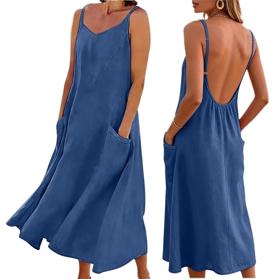 Women's Linen Dresses Solid Color Summer Beach Vacation Plus Size Sleeveless Flowy Loose Maxi Sundress Boat Neck Button Down Breathable Gauze Dress