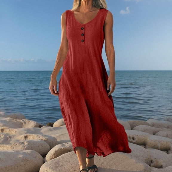 Women's Linen Dresses Solid Color Summer Beach Vacation Plus Size Sleeveless Flowy Loose Maxi Sundress Boat Neck Button Down Breathable Gauze Dress