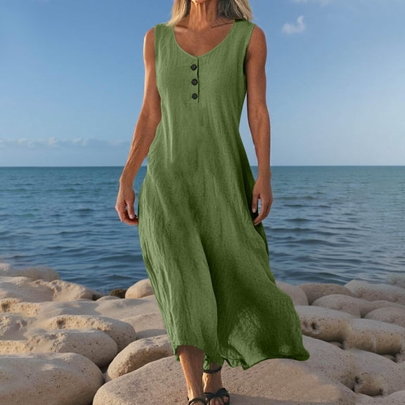 Women's Linen Dresses Solid Color Summer Beach Vacation Plus Size Sleeveless Flowy Loose Maxi Sundress Boat Neck Button Down Breathable Gauze Dress