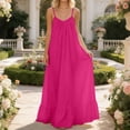 thumbnail image 1 of Women's Linen Dresses Summer Sleeveless Spaghetti Strap Backless Maxi Dress Casual Pleated Hem Baggy Swing Sundress Hot Pink 2XL, 1 of 7