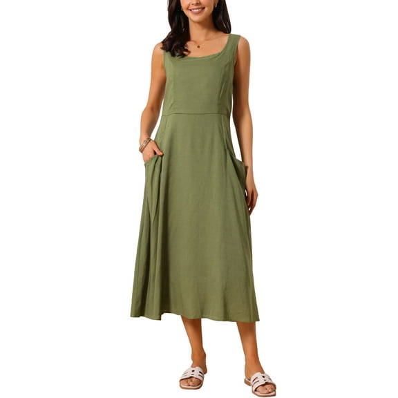 INSPIRE CHIC Women's Linen Dresses Summer Sleeveless Sundress Casual Loose Flowy Midi Tank Beach Dress L Army Green