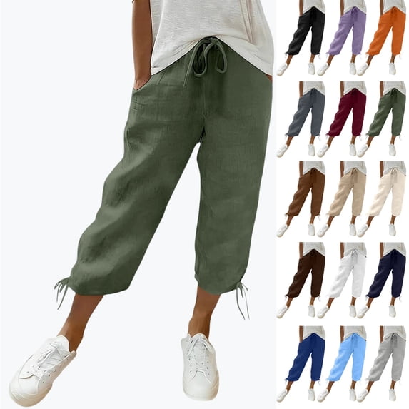 Women's Linen Elastic Waist Capris with Pockets Casual Stylish Cropped Pants for Spring Summer,Army Green_2XL
