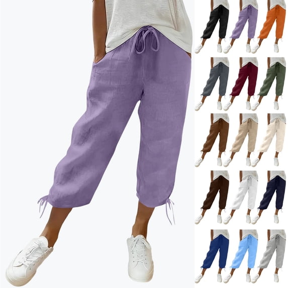 Women's Linen Elastic Waist Capris with Pockets Casual Stylish Cropped Pants for Spring Summer,Purple_3XL