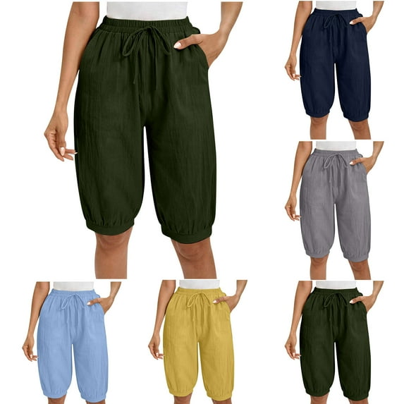 Women's Linen Elastic Waist Straight Leg Pants Shorts Capris, Solid Color Loose Casual Comfortable Summer Bottoms Trousers Slacks, Lightweight Breathable Flowy Lounge Wear Travel Essentials for Women