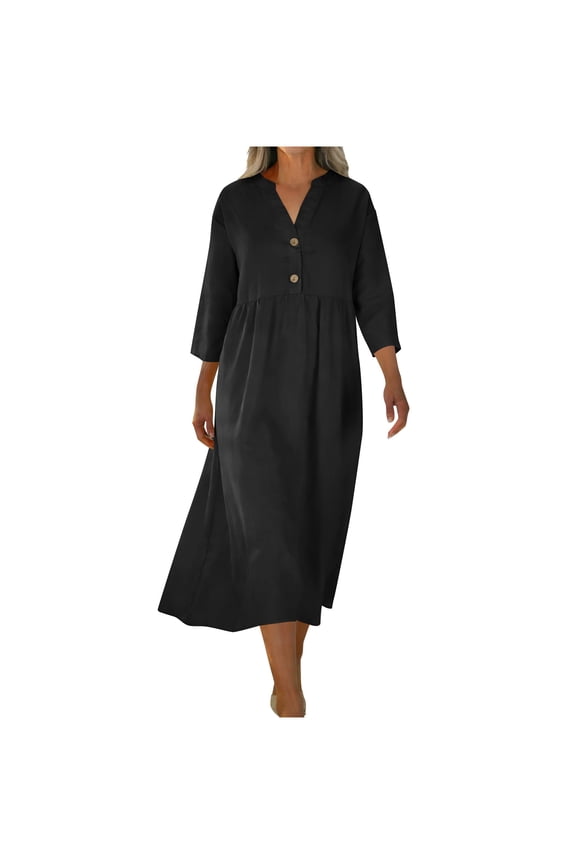 Women's Linen Elegant Cotton Midi Dress Split V-Neck 3/4 Sleeve Button Front High Waisted Flowy A-Line Dress Casual Loose Fit Office Work Party Apparel