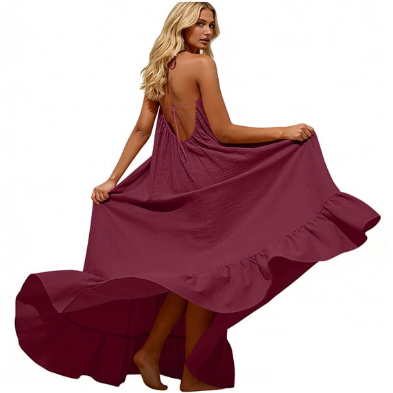 Women's Linen Elegant Halter Neck Maxi Dress Sleeveless Backless Ruffle Hem Flowy A-Line Sundress Solid Chic Summer Beach Vacation Wedding Guest Formal Party Long Dress