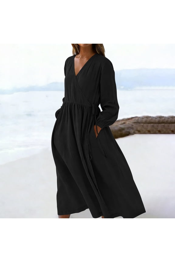 Women's Linen Elegant Long Sleeve Wrap Maxi Dress V-Neck High Waisted Empire Waist Flowy A-Line Dress with Pockets For Fall Winter Wedding Guest Party Wear