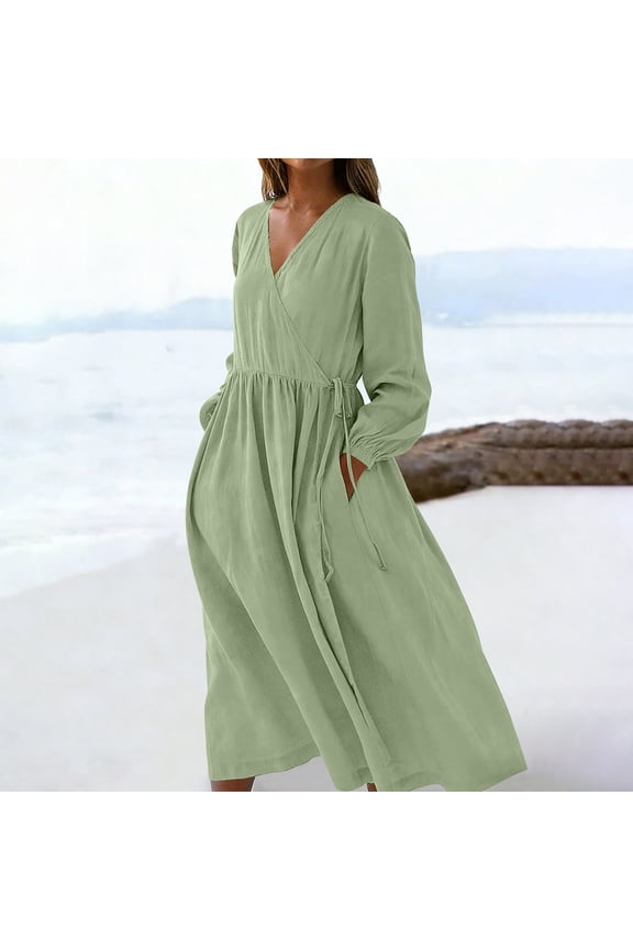 Women's Linen Elegant Long Sleeve Wrap Maxi Dress V-Neck High Waisted Empire Waist Flowy A-Line Dress with Pockets For Fall Winter Wedding Guest Party Wear
