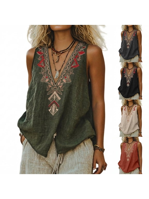 Women's Linen Embroidered Sleeveless V Neck Loose Tank Top Casual Blouse for Summer Layering