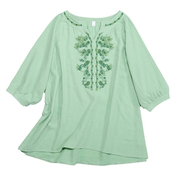 Women's Linen Embroidered V Neck T-Shirt Casual ¾ Sleeve Blouse Soft Breathable Summer Top