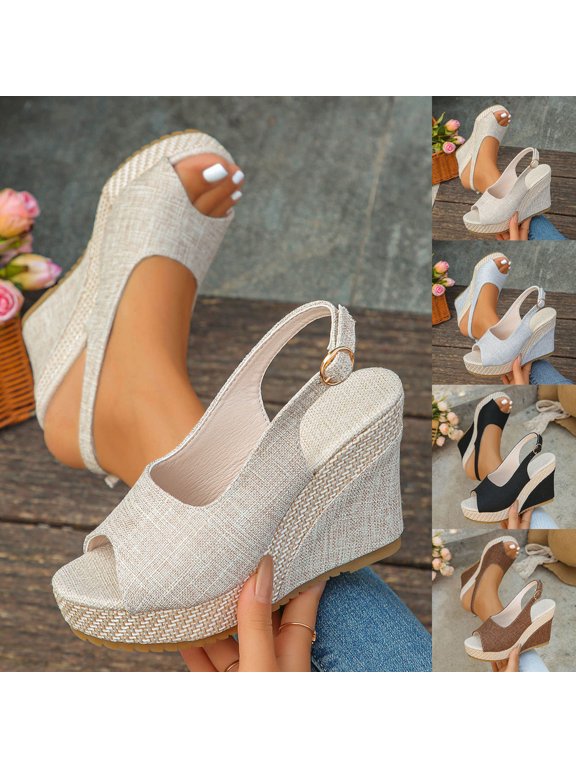 Women's Linen Espadrille Wedge Sandals Wide Width Peep Open Toe Summer Beach Sandals Adjustable Buckle Slingback Thick Bottom Casual Walking Shoes Non Slip Outdoor Sandals