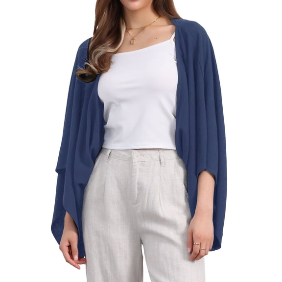 INSPIRE CHIC Women's Casual Cardigan 3/4 Sleeves Loose Fit Solid Color Linen Shrug M Dark Blue