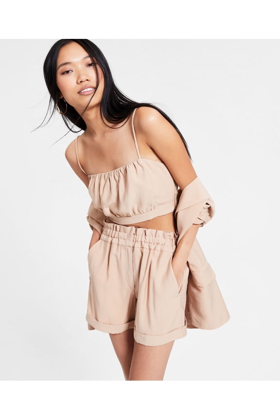 Women's Linen Gathered Cami Crop Top Almond L