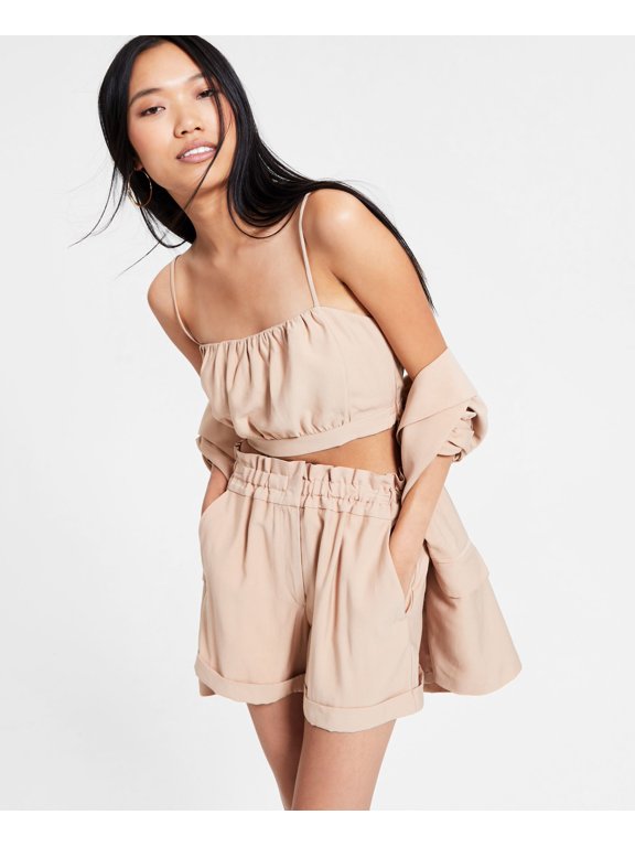 Women's Linen Gathered Cami Crop Top Almond M
